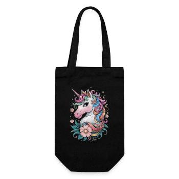 Magisches Einhorn mit Blumen und Regenbogenmähne - Geschenkbeutel für Flaschen - Schwarz - Vorne