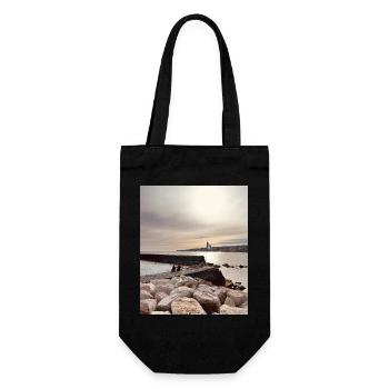 Sonnenuntergang über Pier und Felsen - Geschenkbeutel für Flaschen - Schwarz - Vorne