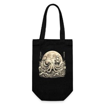 Vintage Octopus Under Full Moon With Sailing Ship - Gift Bag for Bottles - black - Front