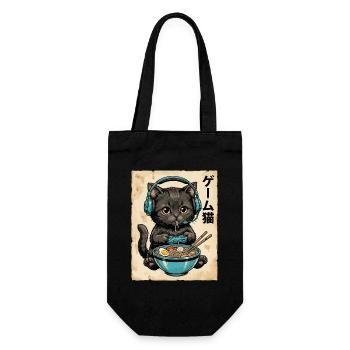 Gamer-Katze mit Ramen und Headset - Geschenkbeutel für Flaschen - Schwarz - Vorne