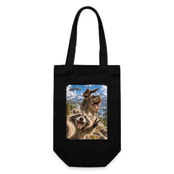Lustiges Waschbär Selfie mit Bigfoot, T-Rex, UFO - Geschenkbeutel für Flaschen - Schwarz - Vorne
