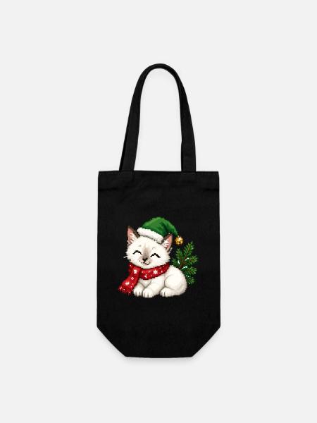 Weiße Katzen-Elfenhut-Weihnachten - Geschenkbeutel für Flaschen - Schwarz