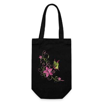 Florales Blumenmotiv mit Schmetterling - Geschenkbeutel für Flaschen - Schwarz - Vorne