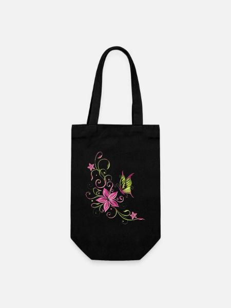 Florales Blumenmotiv mit Schmetterling - Sac à bouteille - noir