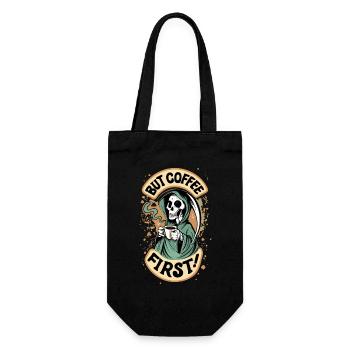 Sensenman, Totenkopf But Coffee First Kaffee - Geschenkbeutel für Flaschen - Schwarz - Vorne