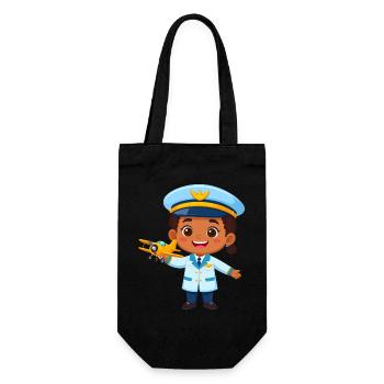 Kawaii Kapitän mit Flugzeug – Niedlicher Pilot Art - Geschenkbeutel für Flaschen - Schwarz - Vorne
