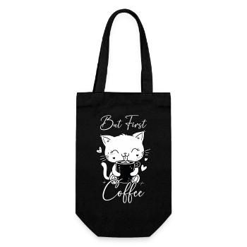 Katze Kaffee But First Coffee Morgenmuffel Lustig - Geschenkbeutel für Flaschen - Schwarz - Vorne