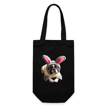 Französische Bulldogge, verkleidet als Osterhase - Geschenkbeutel für Flaschen - Schwarz - Vorne