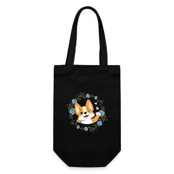 Waving happy Corgi dog in floral wreath - Gift Bag for Bottles - black - Front