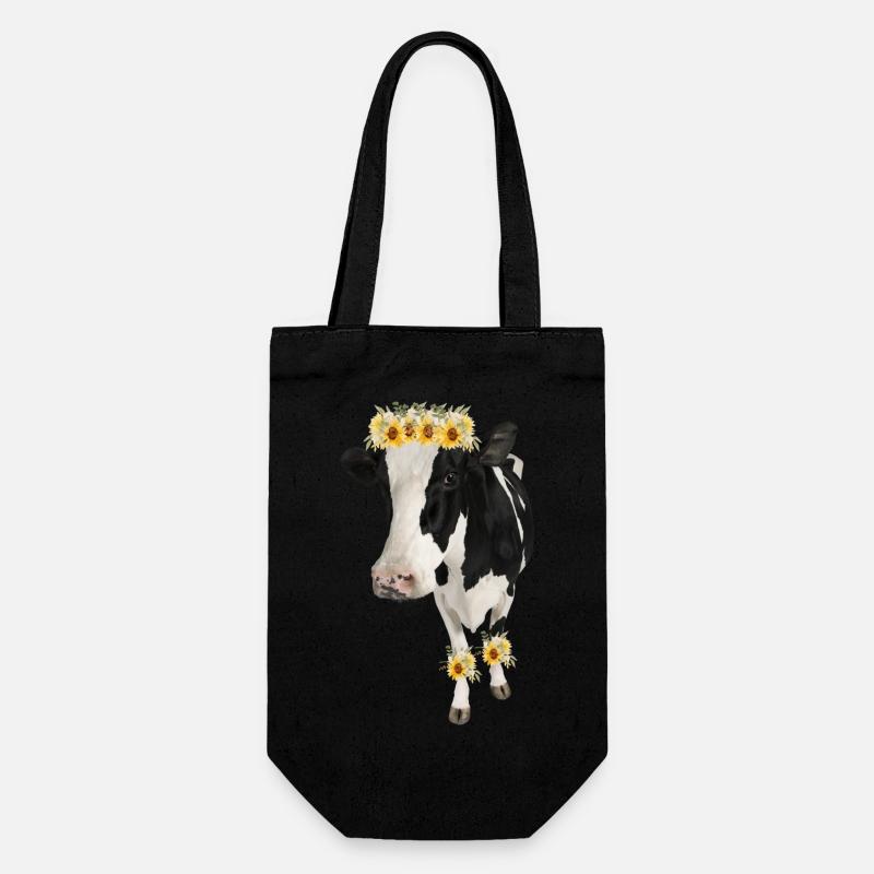 Vache Holstein avec fleurs - Tournesols - Sac à bouteille - noir