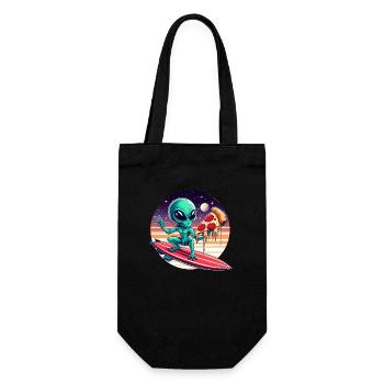 80er/90er Alien Surfer mit Pizza und Rakete - Geschenkbeutel für Flaschen - Schwarz - Vorne