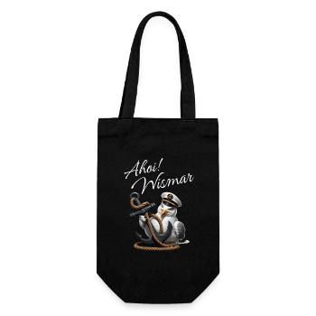 Ahoi Wismar mit lustige Möwe und Anker - Geschenkbeutel für Flaschen - Schwarz - Vorne