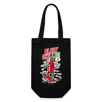 Spruch "Bleib' Chillig!" und Chili auf Skateboard - Geschenkbeutel für Flaschen - Schwarz - Vorne
