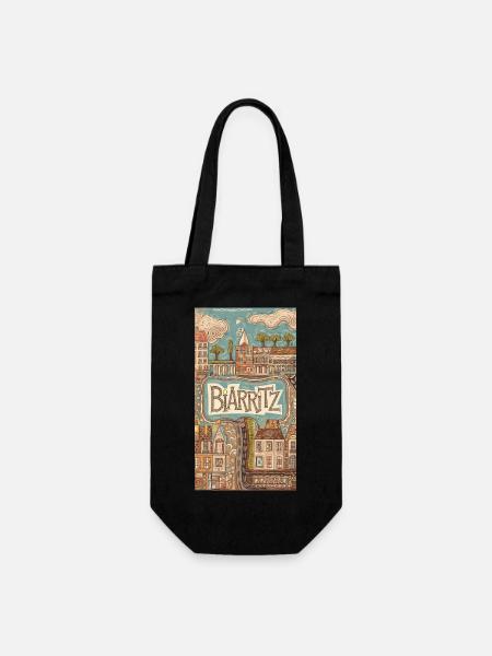 Biarritz Meer Retro Illustration Frankreich Stadt - Geschenkbeutel für Flaschen - Schwarz