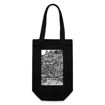 Croquis détaillé à l’encre de la ville en noir et blanc - Sac à bouteille - noir - Devant
