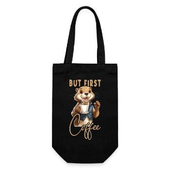 Otter Kaffee But First Coffee Tier Spruch Lustig - Geschenkbeutel für Flaschen - Schwarz - Vorne