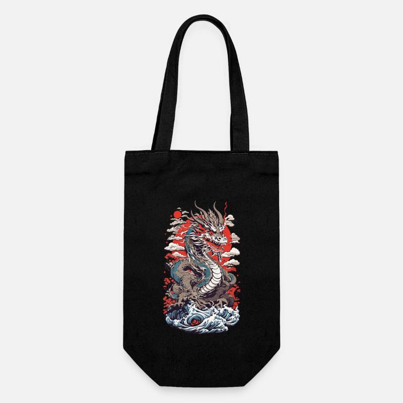 Japanischer Drache Ukiyo-E Stil mit Kanagawa Welle - Geschenkbeutel für Flaschen - Schwarz