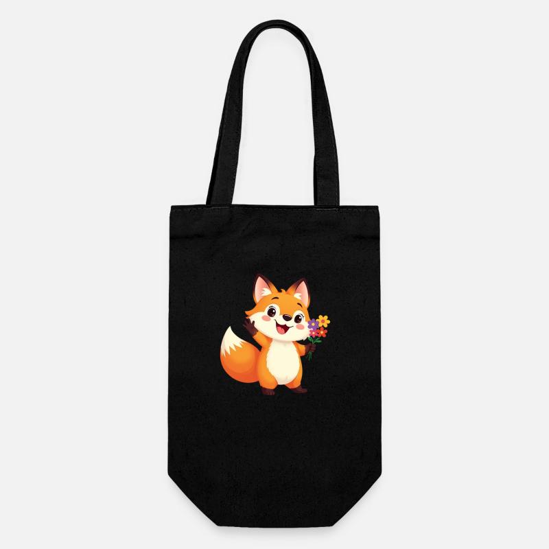 Fröhlicher Cartoon Fuchs mit Blumenstrauß - Geschenkbeutel für Flaschen - Schwarz