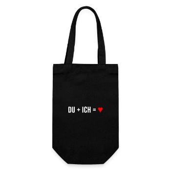 DU + ICH = HERZ - verliebt , Herz rot - Geschenkbeutel für Flaschen - Schwarz - Vorne