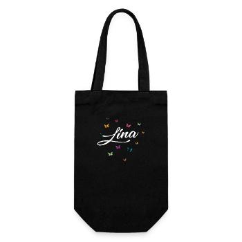 LINA - Mädchen Name mit bunten Schmetterlingen - Geschenkbeutel für Flaschen - Schwarz - Vorne