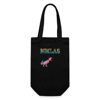 NIKLAS - Schöner Jungen Name mit Dinosaurier - Geschenkbeutel für Flaschen - Schwarz - Vorne