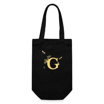 Buchstabe g goldene Glitzerlibelle - Geschenkidee - Geschenkbeutel für Flaschen - Schwarz - Vorne