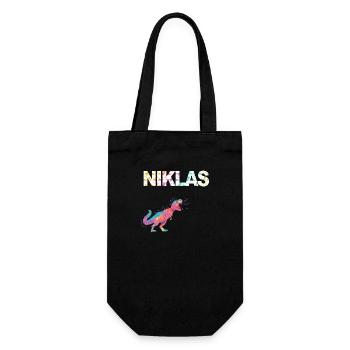NIKLAS - Schöner Jungen Name mit Dinosaurier - Geschenkbeutel für Flaschen - Schwarz - Vorne