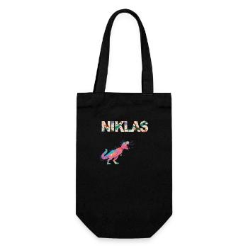 NIKLAS - Schöner Jungen Name mit Dinosaurier - Geschenkbeutel für Flaschen - Schwarz - Vorne