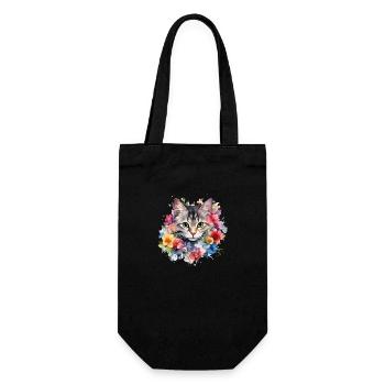 Katze Blumen Aquarell Zeichnung Kunst Bunt Floral - Geschenkbeutel für Flaschen - Schwarz - Vorne