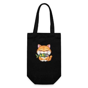 Niedliche Katze mit Fisch für Katzenbesitzer - Geschenkbeutel für Flaschen - Schwarz - Vorne
