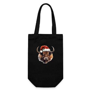 Bison mit Weihnachtsmütze, T-Shirt, Tasse - Geschenkbeutel für Flaschen - Schwarz - Vorne