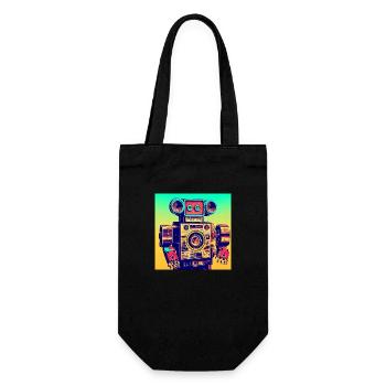 Roboter aus Stereo Anlage in Pop Art Style - Geschenkbeutel für Flaschen - Schwarz - Vorne