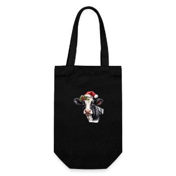 Kuh mit Weihnachtsmütze, T-Shirt, Tasse - Geschenkbeutel für Flaschen - Schwarz - Vorne
