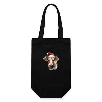 Kuh mit Weihnachtsmütze, T-Shirt, Tasse - Geschenkbeutel für Flaschen - Schwarz - Vorne