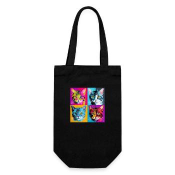 Quadruple Cat Delight: Pop-Art-Gitter-T-Shirt - Geschenkbeutel für Flaschen - Schwarz - Vorne