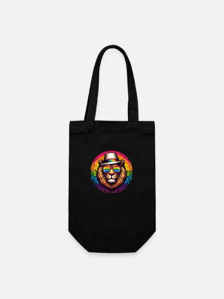 Lion de dessin animé avec des lunettes arc-en-ciel et un chapeau - Sac à bouteille - noir