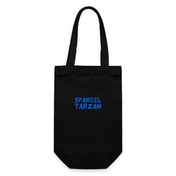 hier steht ein Spargeltarzan - Geschenkbeutel für Flaschen - Schwarz - Vorne