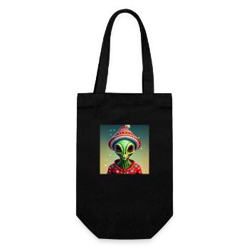 green alien wearing an ugly Christmas sweater - Gift Bag for Bottles - black - Front