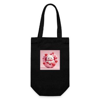 White teddy bear in a fluffy heart, red hearts around - Gift Bag for Bottles - black - Front