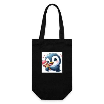 Süsser Pinguin am Softeis essen. Pinguin mit Eis - Geschenkbeutel für Flaschen - Schwarz - Vorne