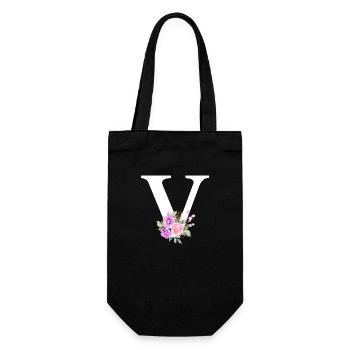 Lila floraler V-Buchstabe - Geschenkbeutel für Flaschen - Schwarz - Vorne