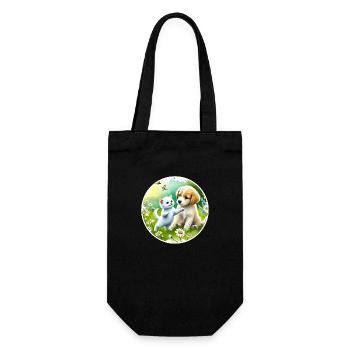 Hund und Katze spielen auf der Blumenwiese - Geschenkbeutel für Flaschen - Schwarz - Vorne