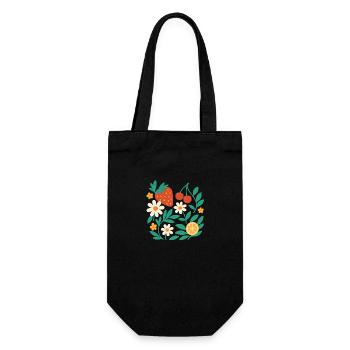 Fruchtblüte – Florales Design mit Erdbeere, Kirsch - Geschenkbeutel für Flaschen - Schwarz - Vorne