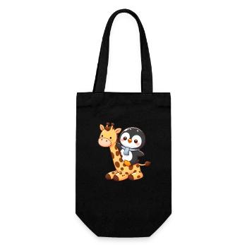 Pinguin reitet Giraffe - Geschenkbeutel für Flaschen - Schwarz - Vorne