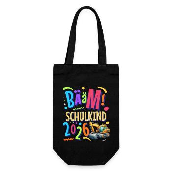 Einschulung Bagger Schulanfänger 2026 - Geschenkbeutel für Flaschen - Schwarz - Vorne