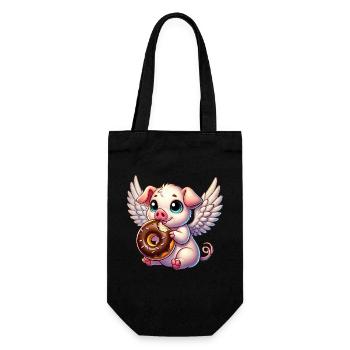 Ange Cochon avec des ailes de beignet Dessin animé mignon - Sac à bouteille - noir - Devant