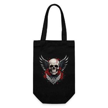 Geflügelter Totenkopf & rote Rosen, Gothic, Totenkopf - Geschenkbeutel für Flaschen - Schwarz - Vorne