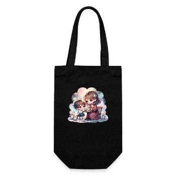 Mutter und Sohn genießen eine gemütliche Teeparty - Geschenkbeutel für Flaschen - Schwarz - Vorne