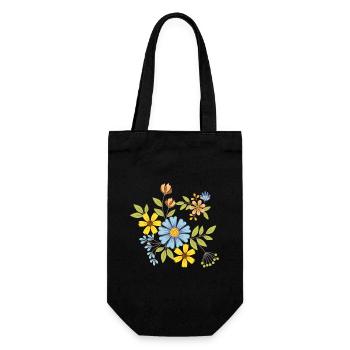 Blaue cremefarbene und gelbe BLUMEN - Geschenkbeutel für Flaschen - Schwarz - Vorne