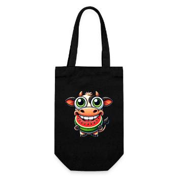 Mignon dessin animé de taureau de vache avec pastèque - Sac à bouteille - noir - Devant